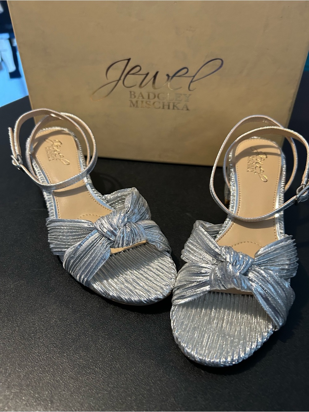 Jewel Badgley Mischka Metallic Silver Knotted Ankle-Strap Heels